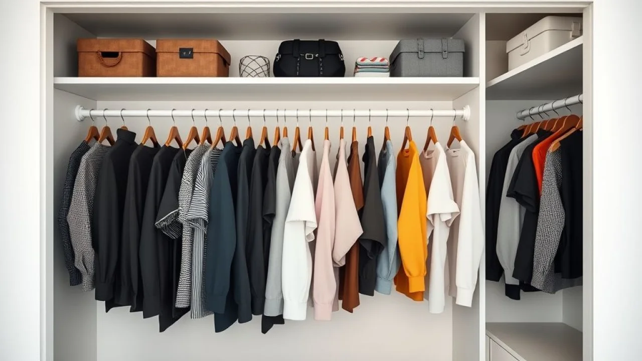 Guarda-roupa organizado por cores, do branco ao preto. Estética e praticidade na organização.