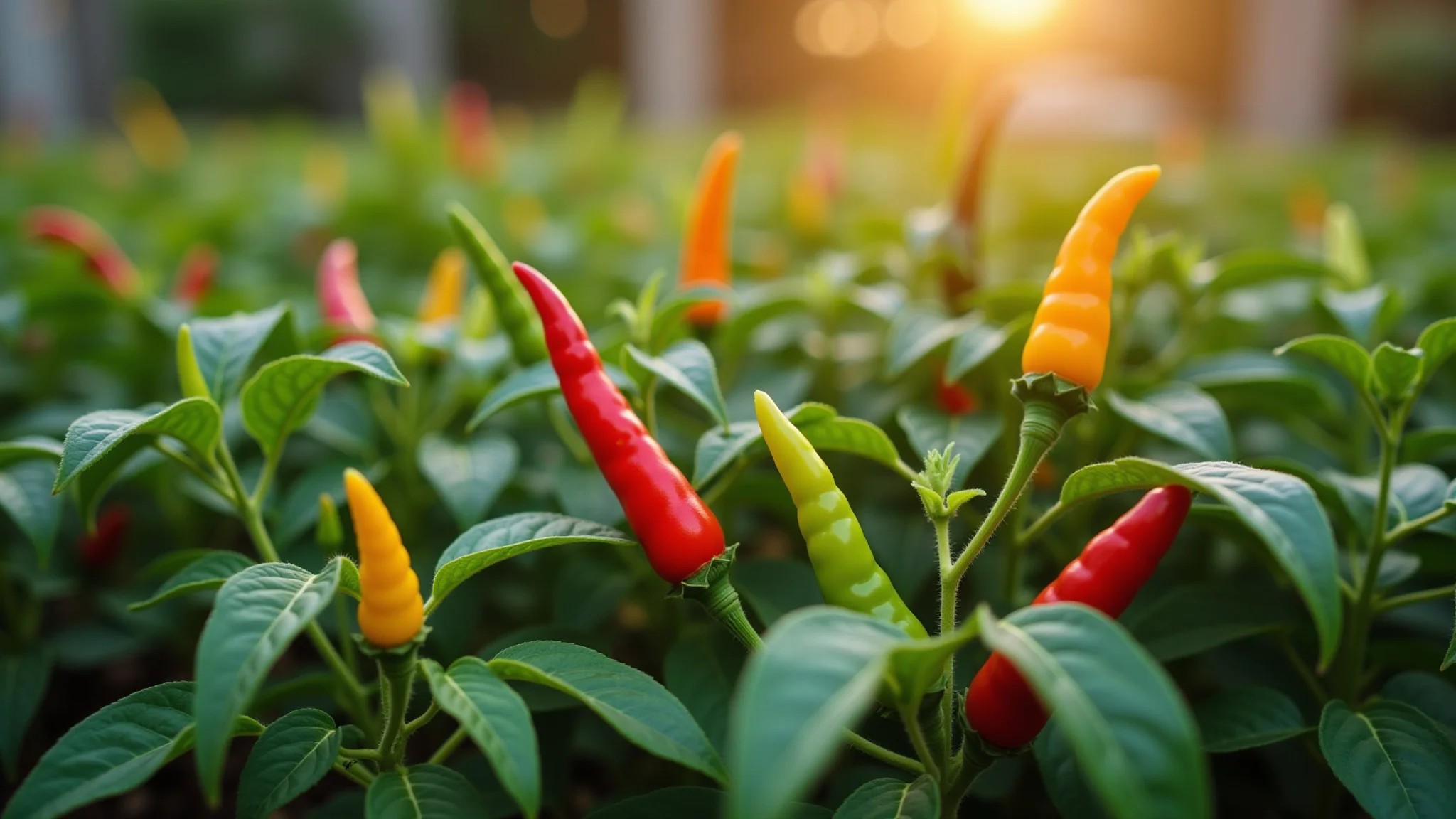 Várias plantas de pimenta crescendo em uma horta caseira, cores vibrantes.