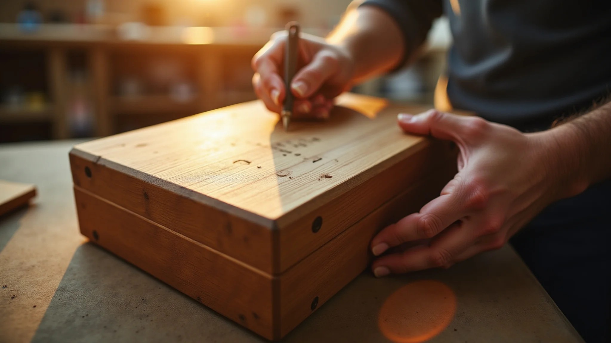 Mãos de artesão criando caixa de madeira personalizada, presente artesanal único.