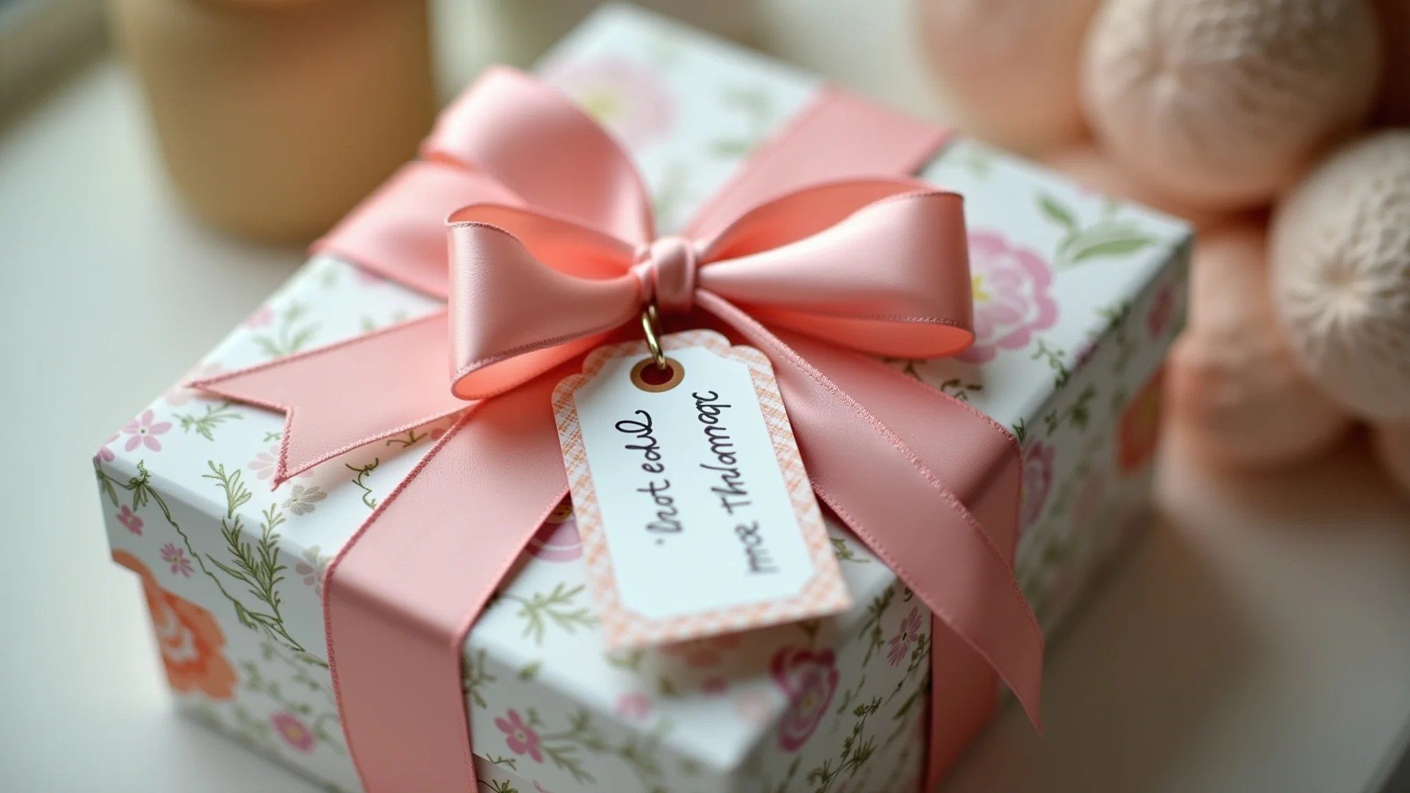 Caixa de presente decorada com papel floral e fita, embalagem criativa para presente artesanal de Dia das Mães.