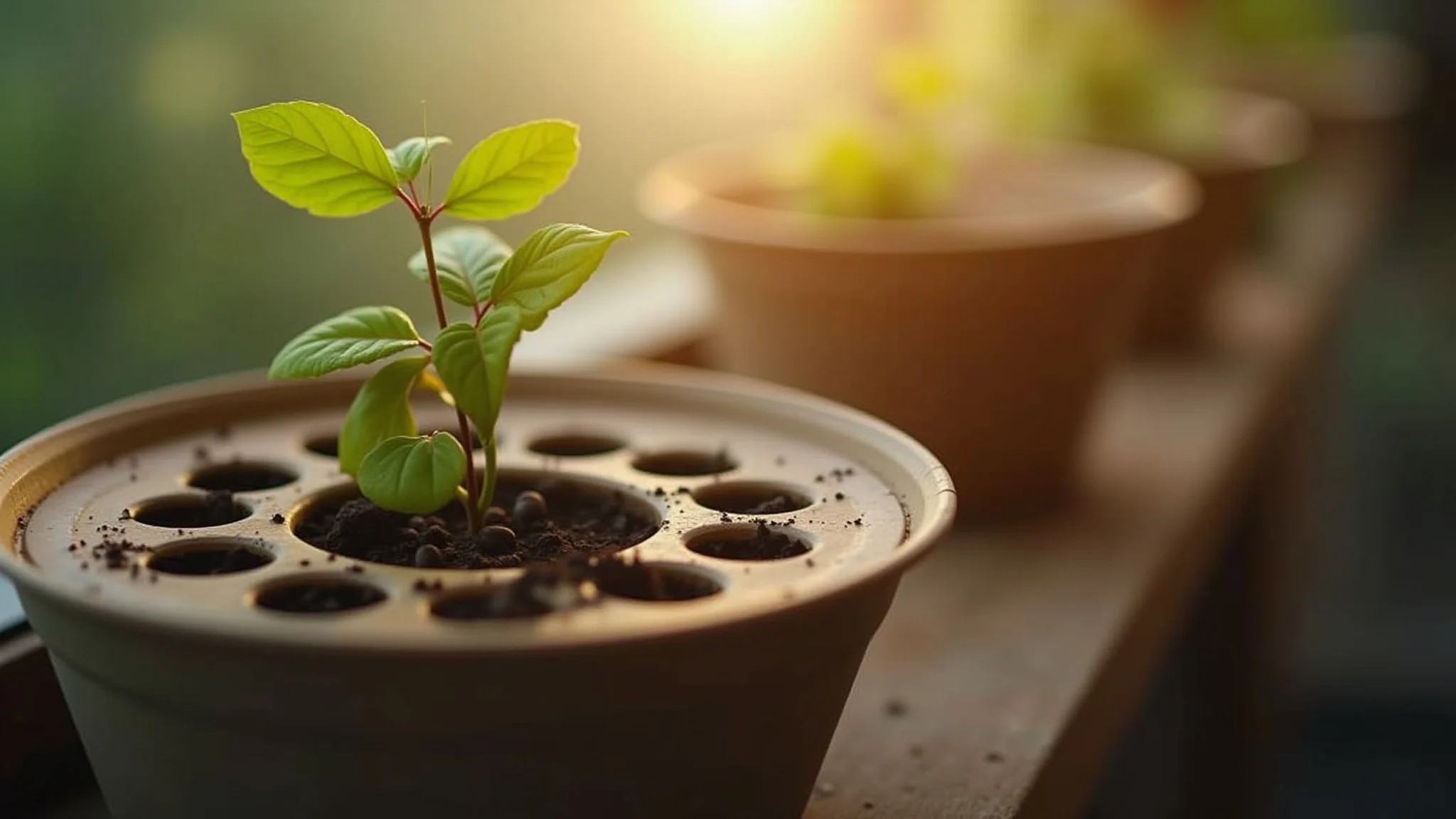 Vaso de planta com furos de drenagem para evitar acúmulo de água.