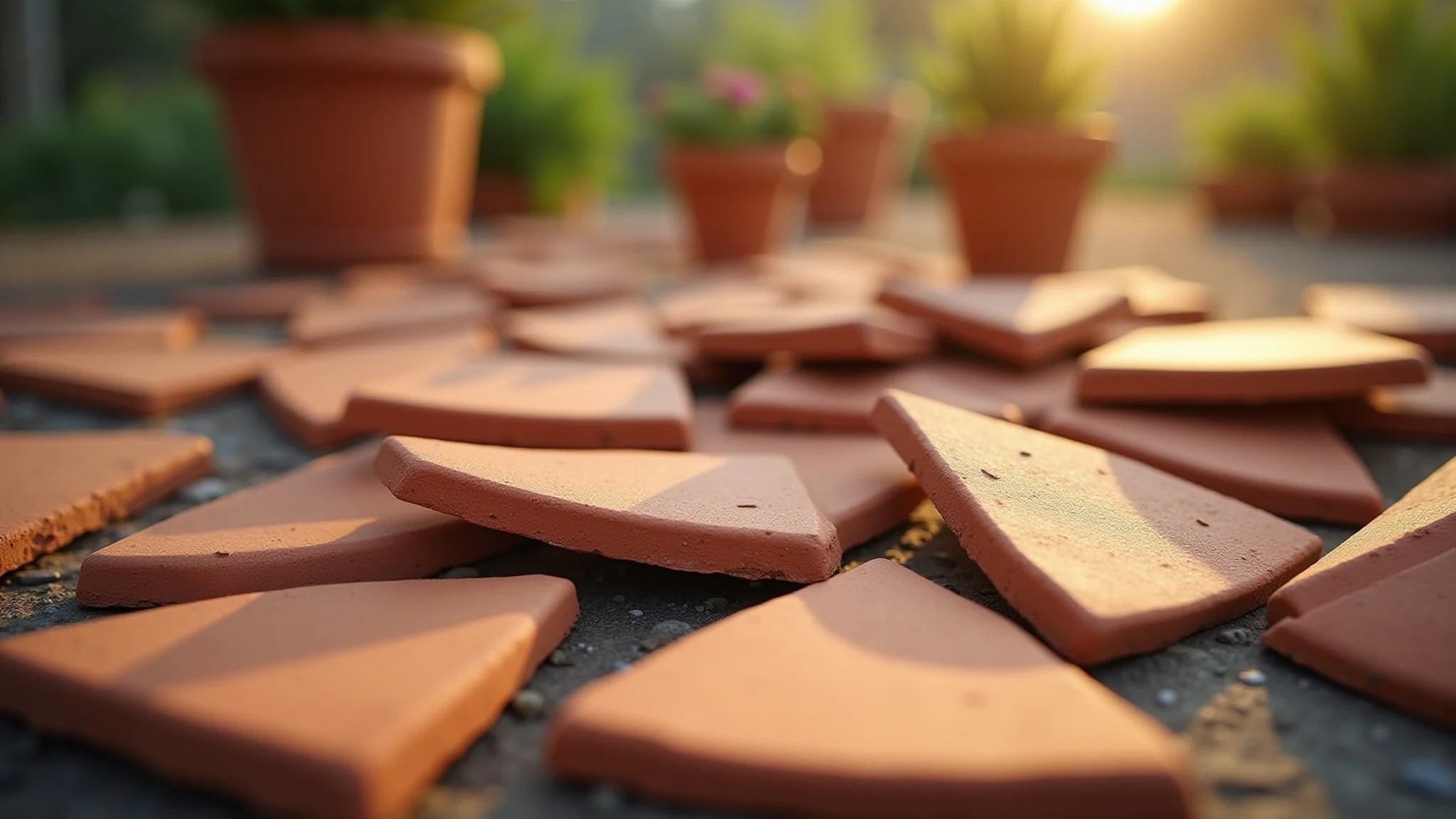 Cacos de telha sendo utilizados para a drenagem de vasos de plantas.