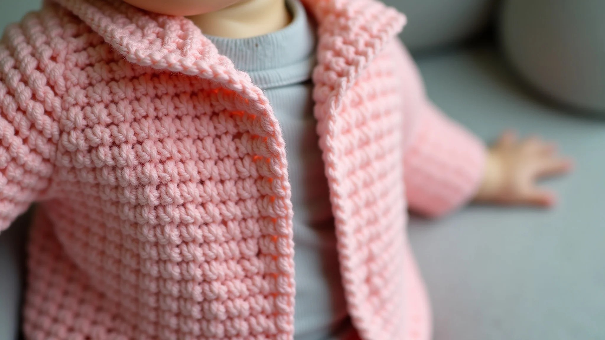 Casaco de crochê para bebê com acabamento perfeito e lã de qualidade.