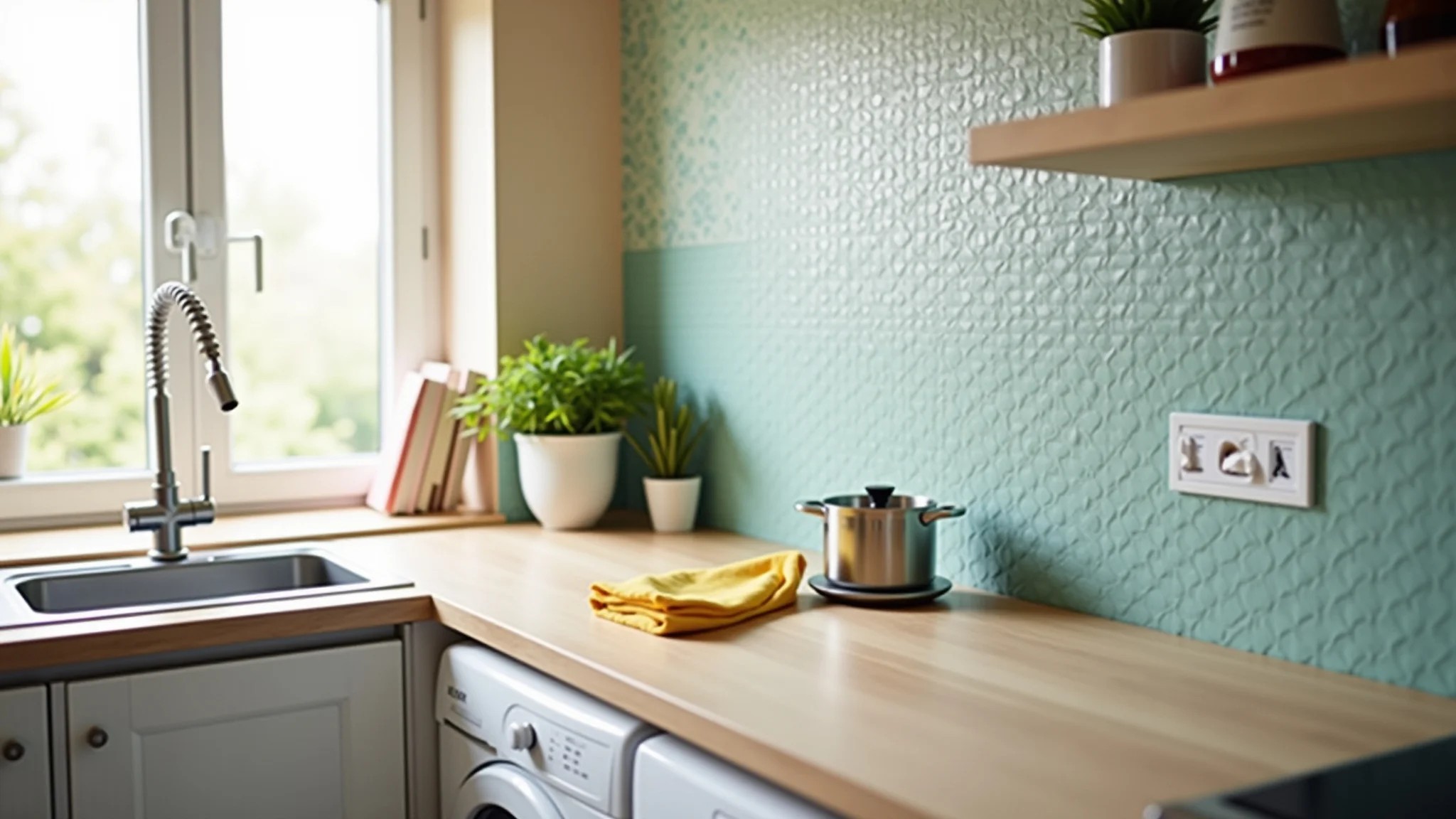 Detalhe da limpeza fácil de um papel de parede lavável vinílico em uma cozinha.