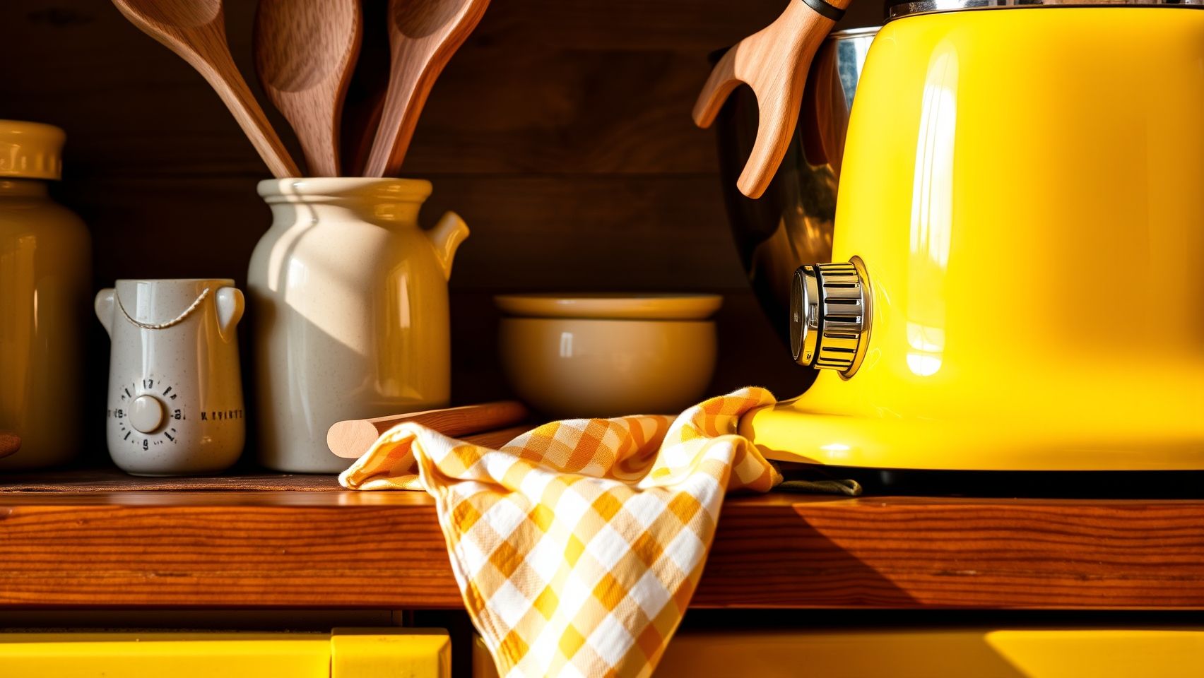 Utensílios de cozinha amarelos vintage sobre bancada de madeira rústica. Decoração com toques de amarelo.