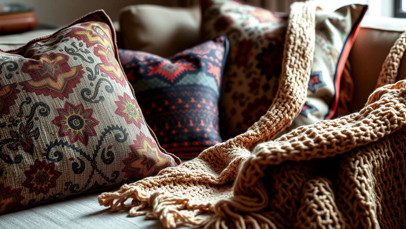 Detalhes de sofá boho chic com almofadas estampadas e manta de tricô