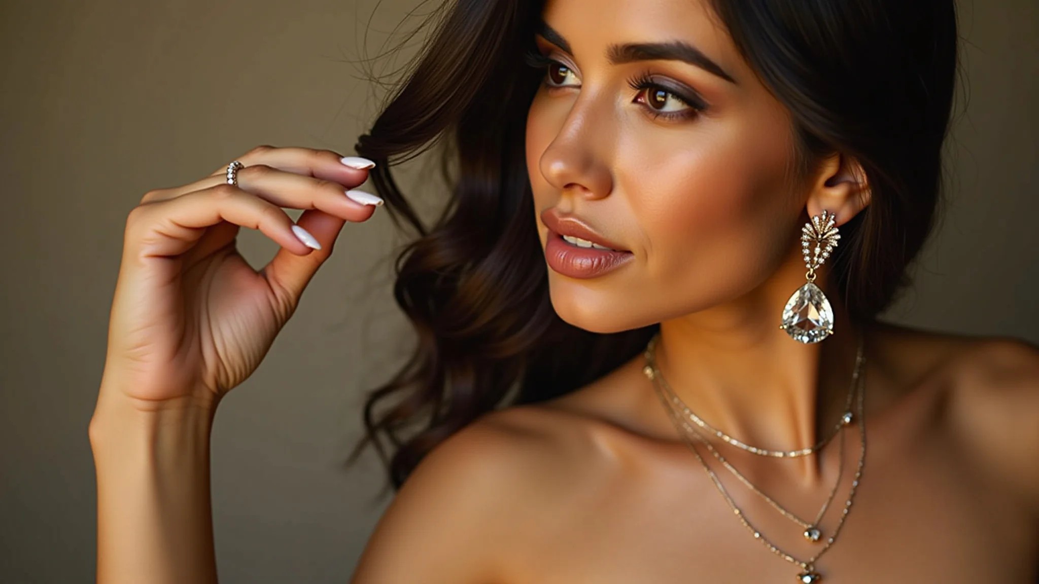 Mulher exibe elegante bijuteria resistente ao escurecimento sob luz dourada suave.