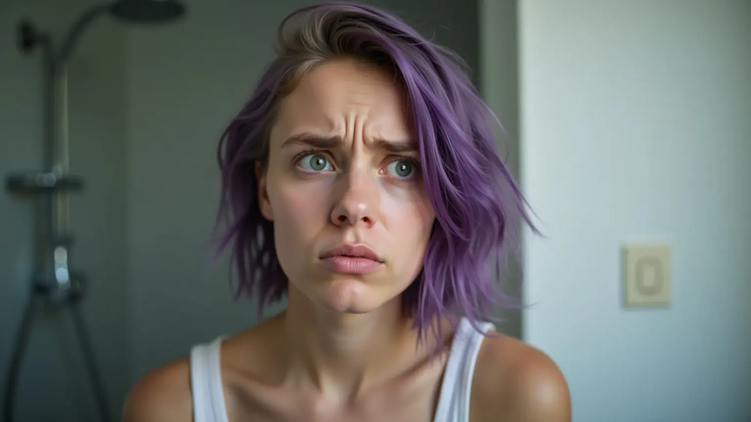 Jovem frustrada com cabelo roxo manchado após matização, expressão preocupada.