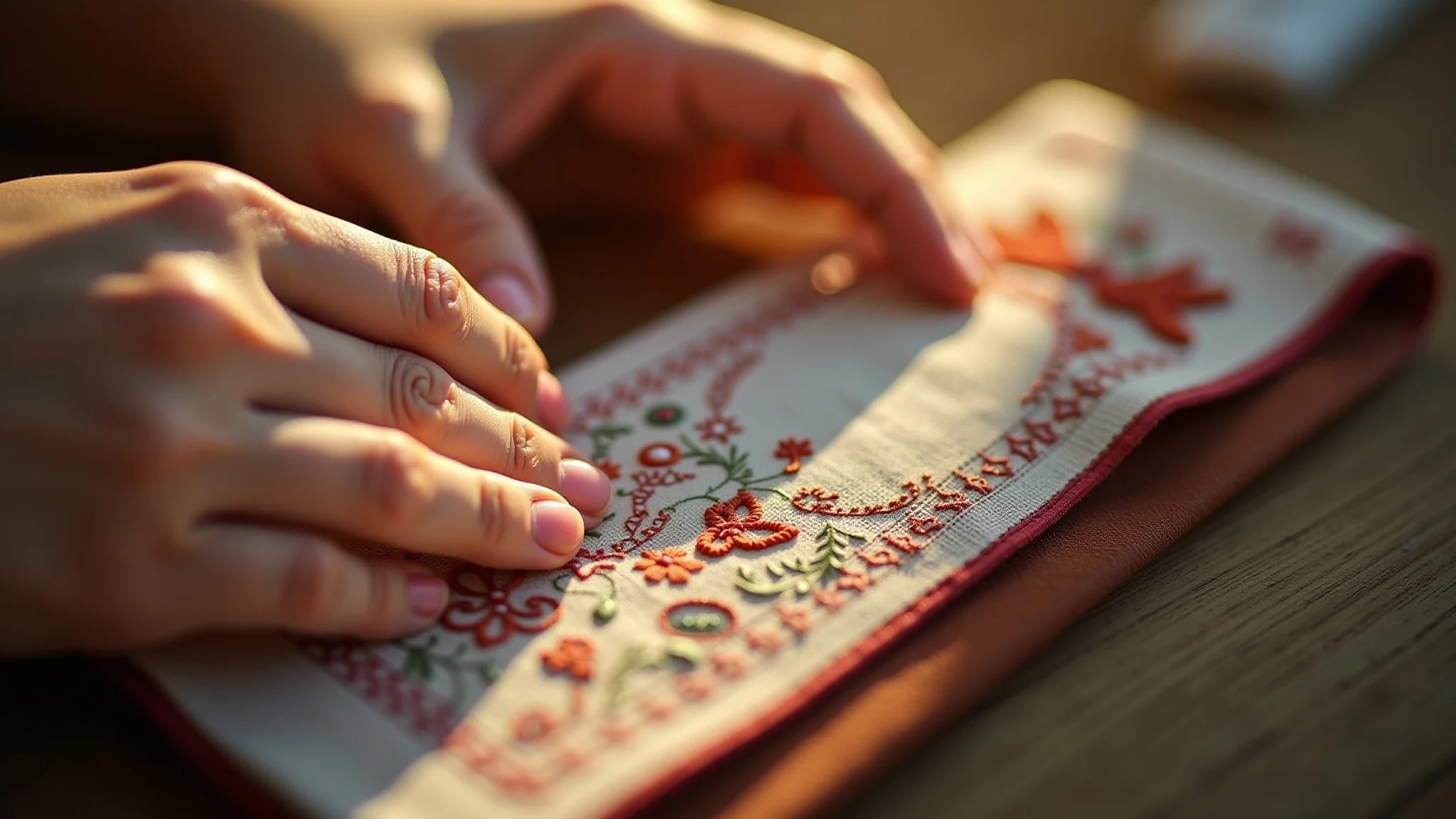 Mãos criando um marcador de livro de tecido com bordados detalhados.