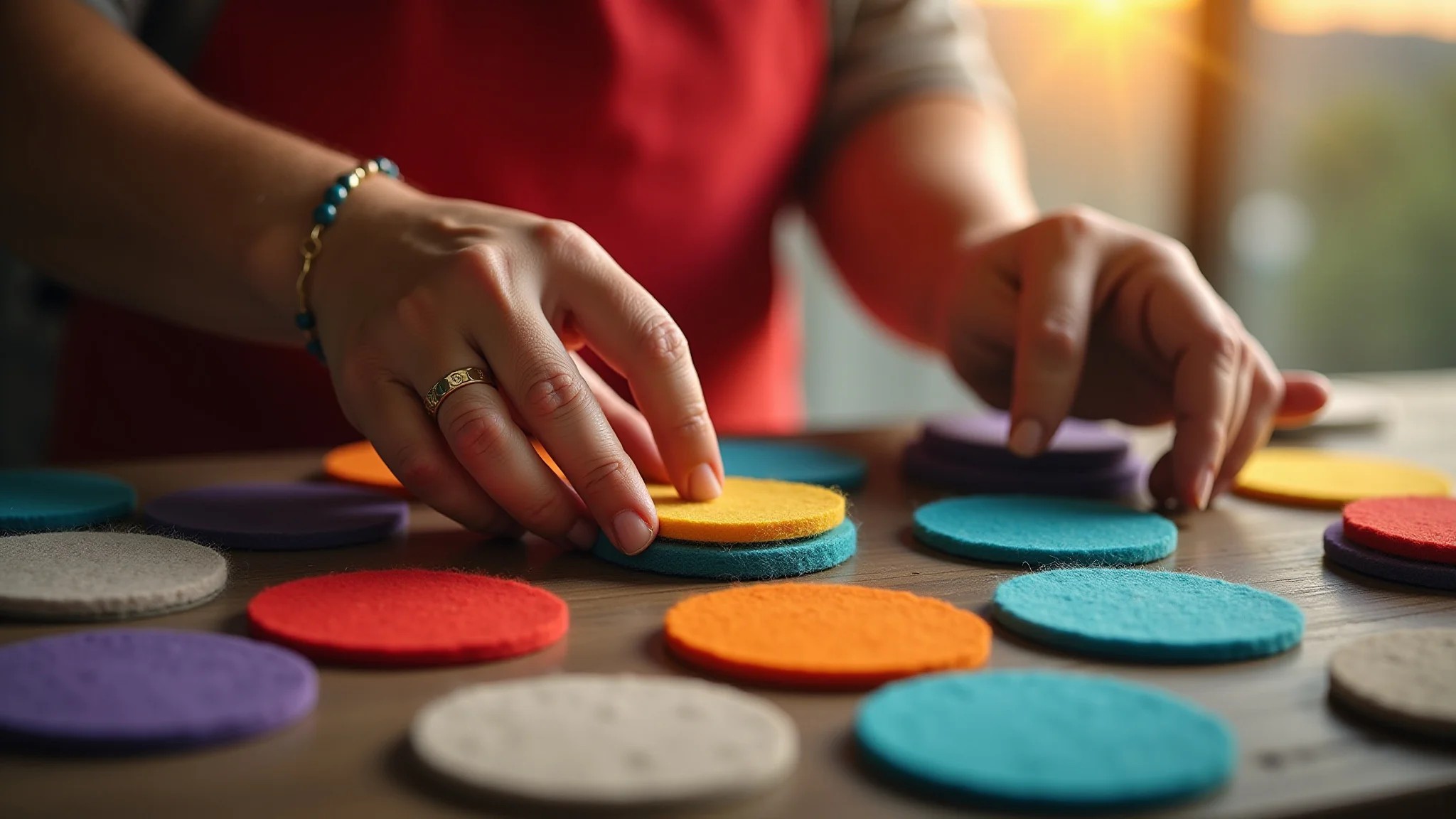 Mãos criando porta-copos de feltro coloridos, artesanato fácil para iniciantes.