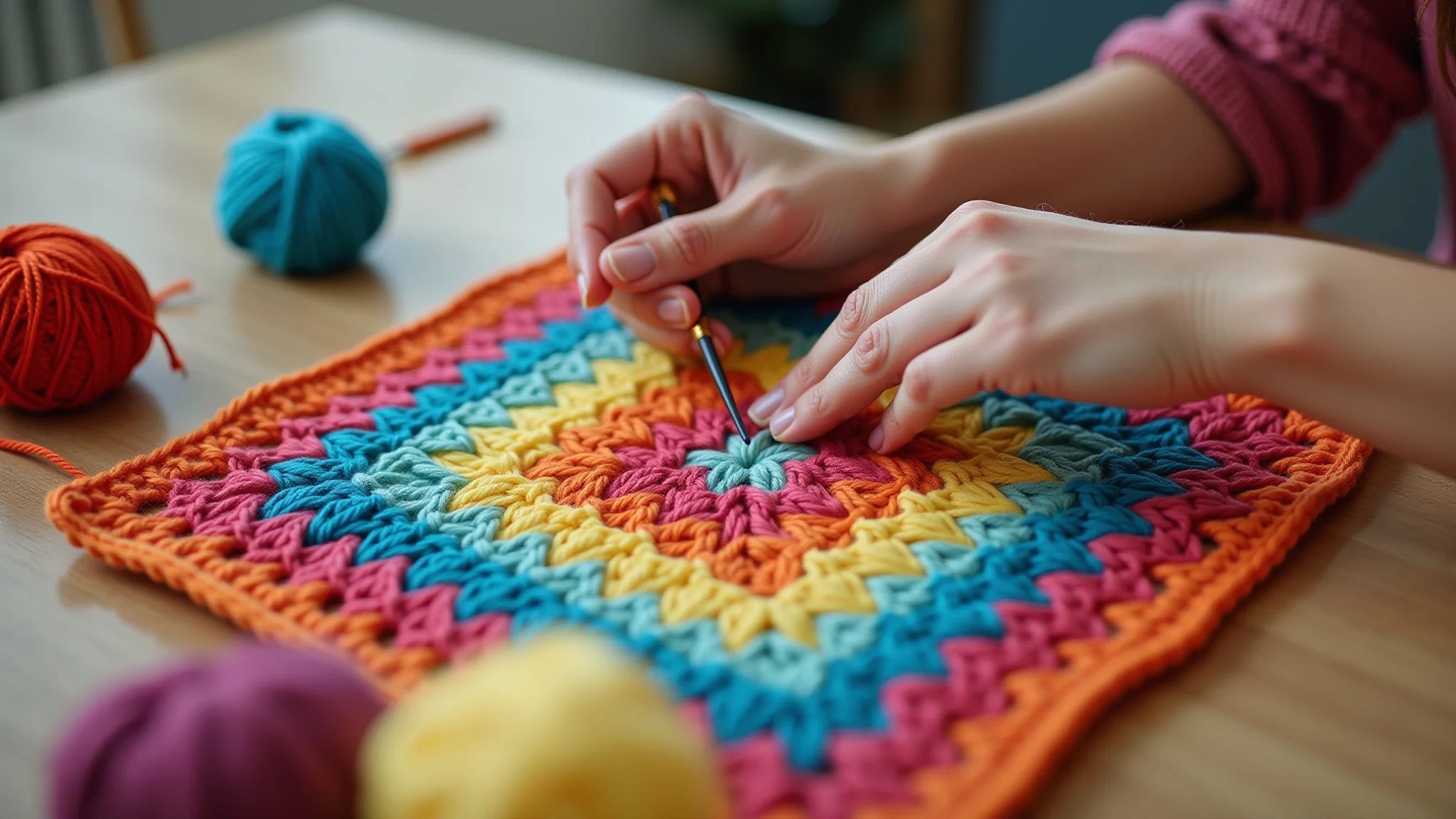 Mãos crocheteando tapete quadrado colorido, foco no crochê e na linha.