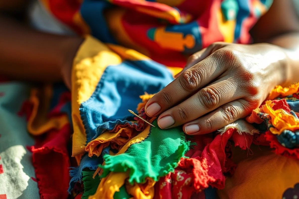 Mãos habilidosas costurando retalhos coloridos, artesanato brasileiro.