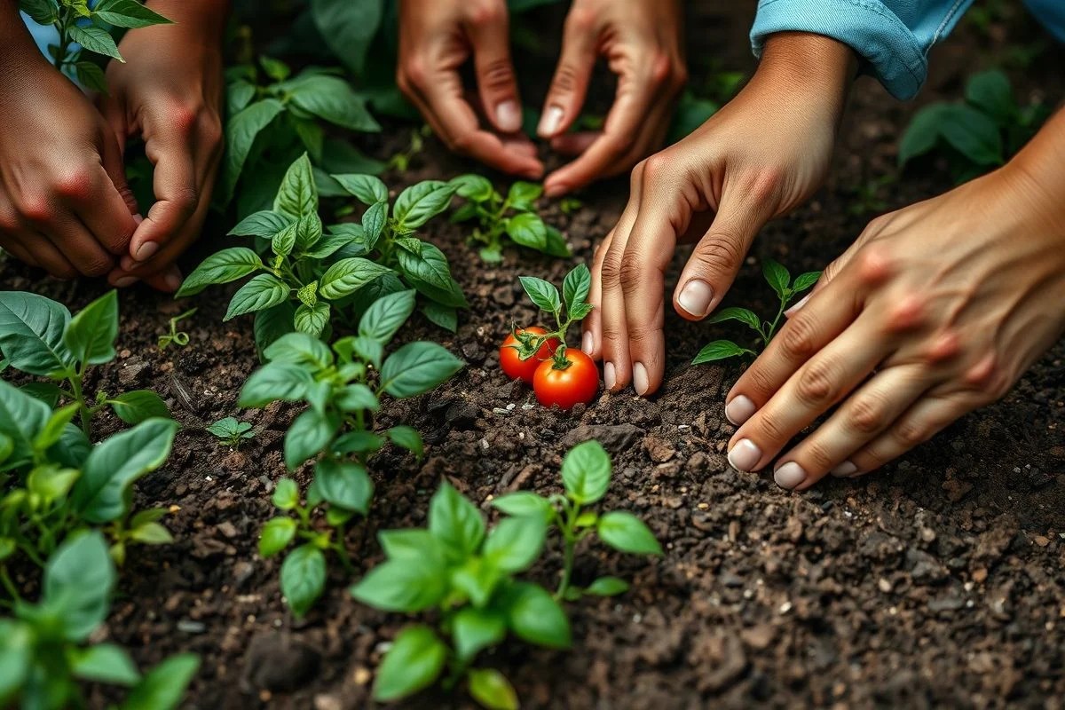 Mãos semeando sementes orgânicas em horta no Brasil. Cultivo sustentável.