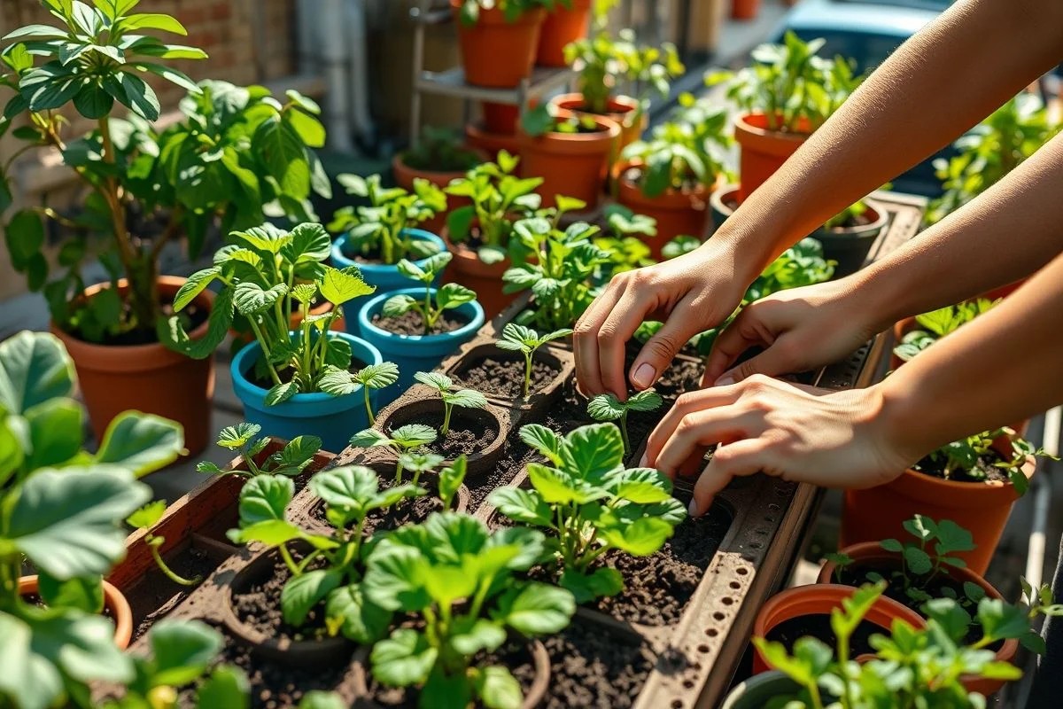 Mãos cuidando de mudas vibrantes em horta urbana no Brasil. Cultivo sustentável.