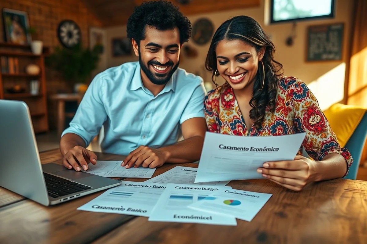 Casal brasileiro planeja orçamento de casamento econômico com laptop e documentos.