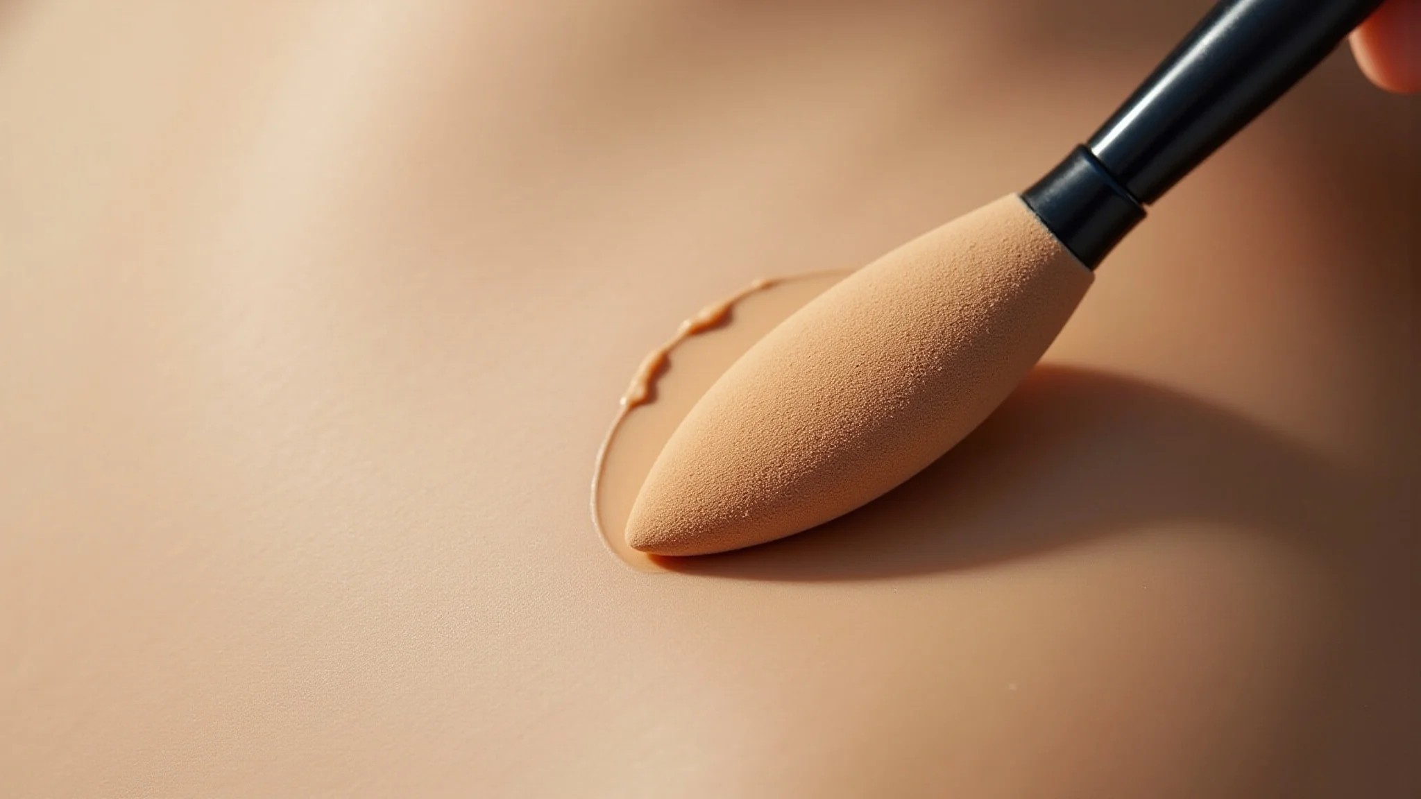 Esponja de maquiagem (beauty blender) aplicando base na pele com acabamento natural.