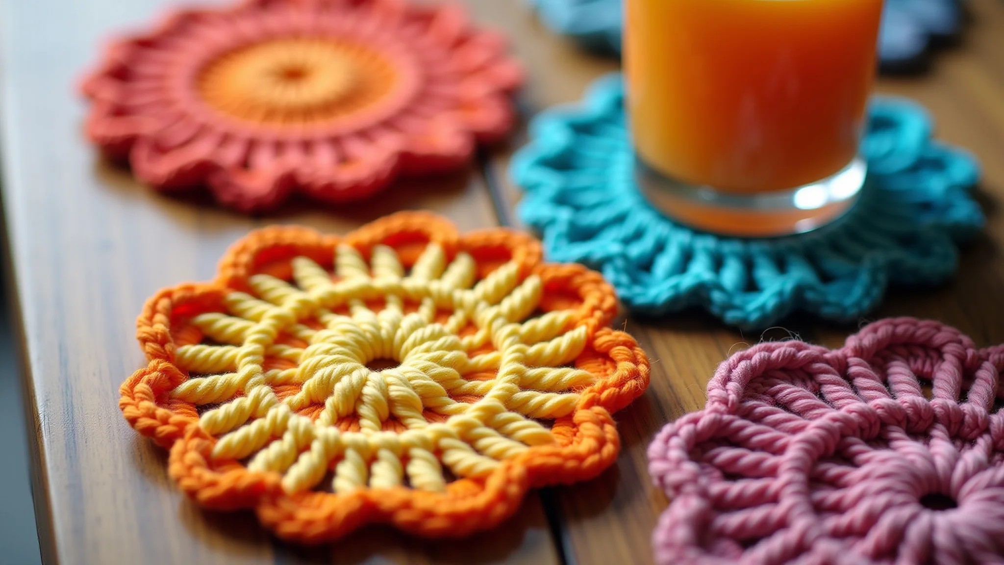 Porta-copos de crochê coloridos em mesa de madeira com copo de suco, foco nítido, qualidade 8K.