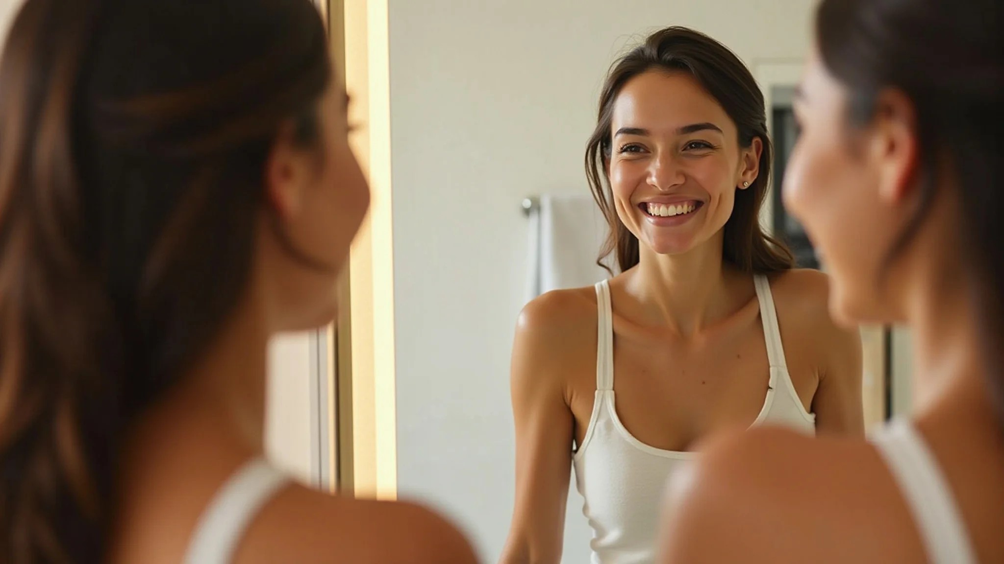 Mulher sorrindo e admirando seu reflexo em espelho de banheiro impecável.