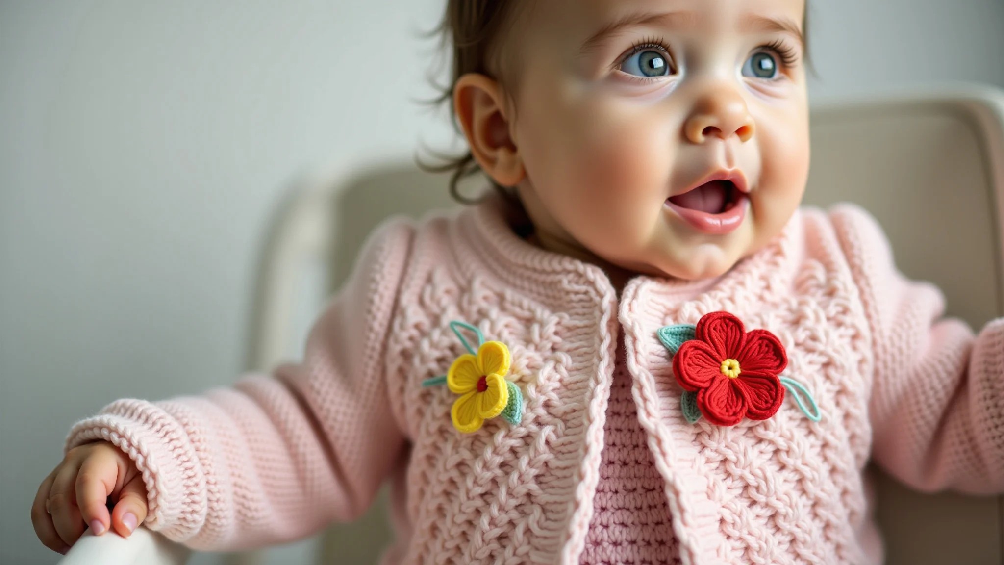 Casaco de crochê para bebê com aplicações de flores de feltro.