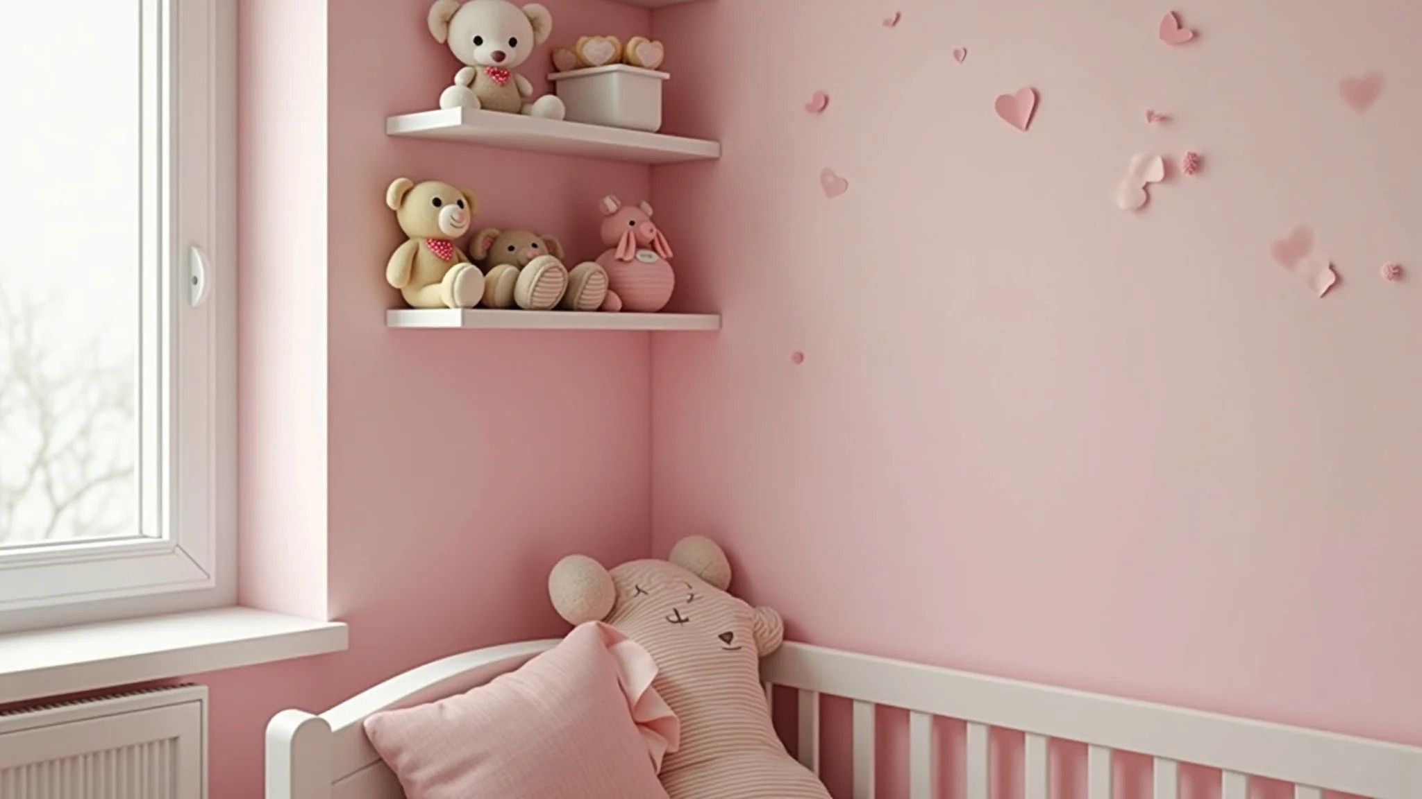 Canto de quarto de bebê menina, paredes rosas e prateleiras com bichos de pelúcia.