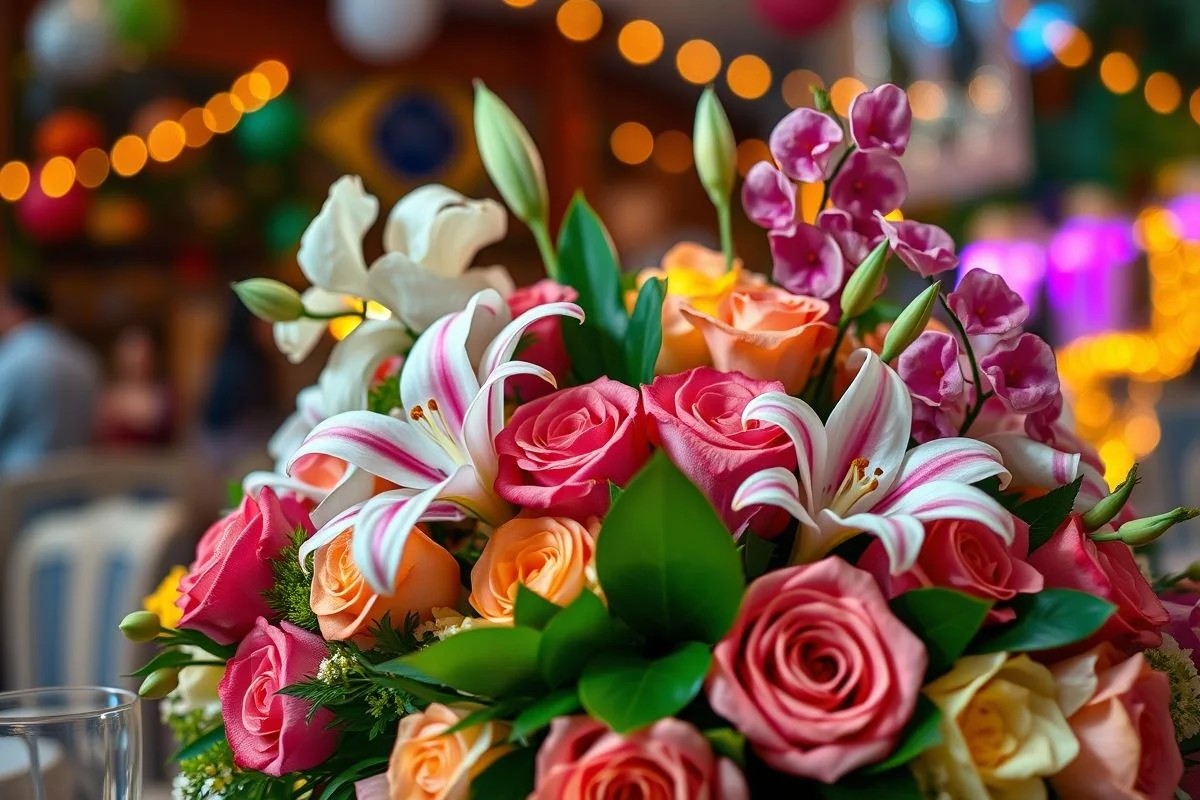 Arranjo floral elegante com rosas, lírios e orquídeas em festa de noivado brasileira.