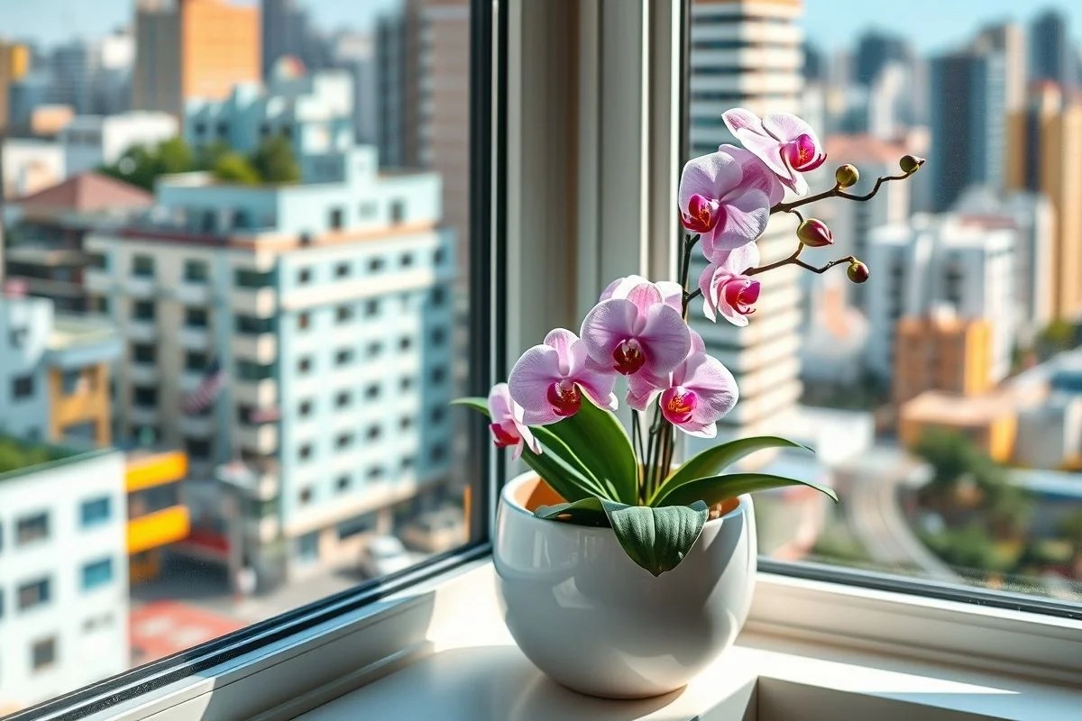 Orquídea em vaso moderno na janela ensolarada.