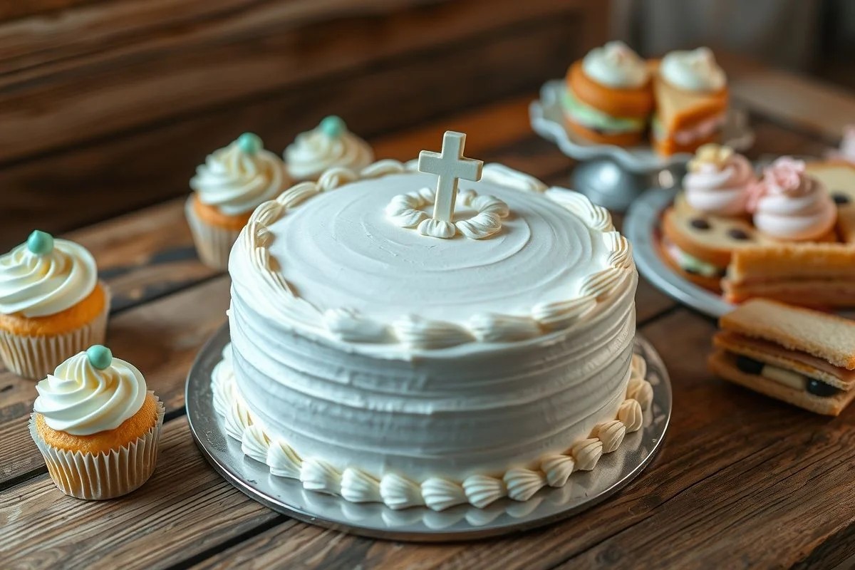 Mesa de batizado no Brasil com bolo decorado, cupcakes e mini sanduíches.
