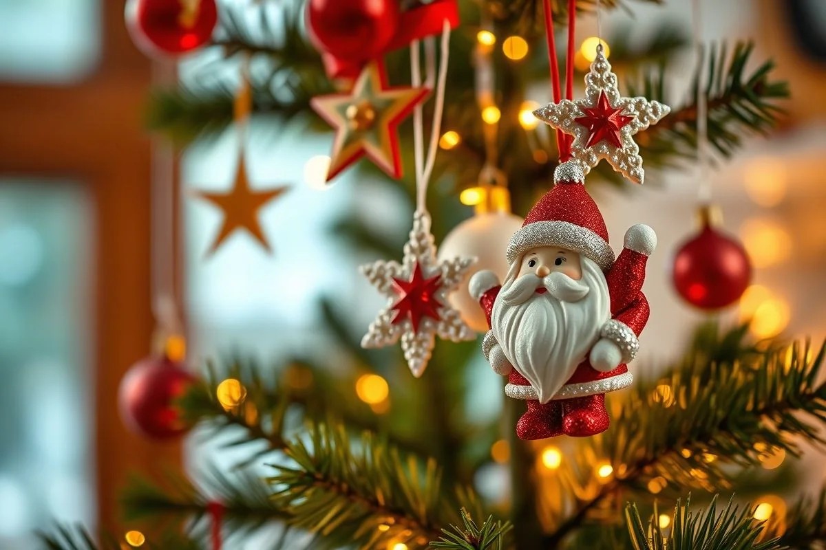 Árvore de Natal decorada com enfeites artesanais em EVA: estrelas, flocos de neve e Papai Noel.