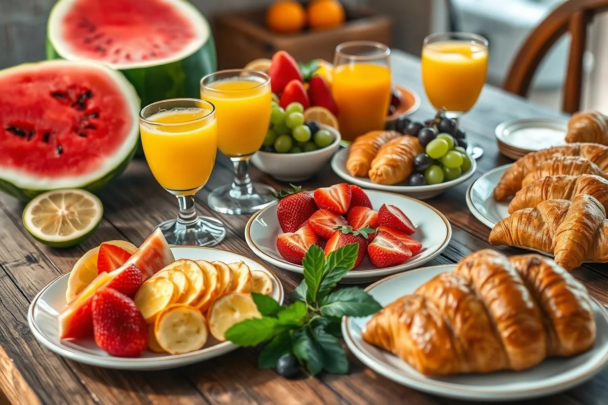 Mesa de café da manhã brasileira com frutas frescas, sucos, pães e pão de queijo.