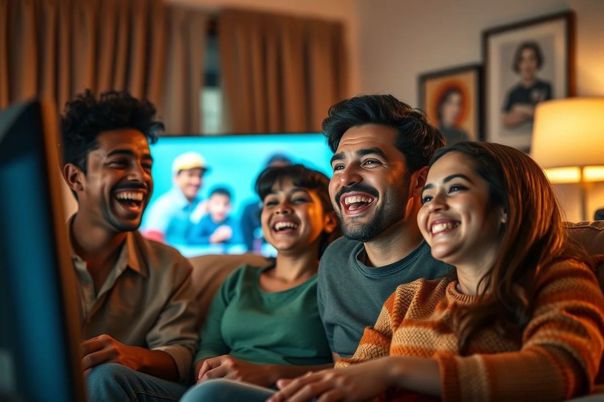 Família brasileira assistindo comédia. Riso e união familiar.