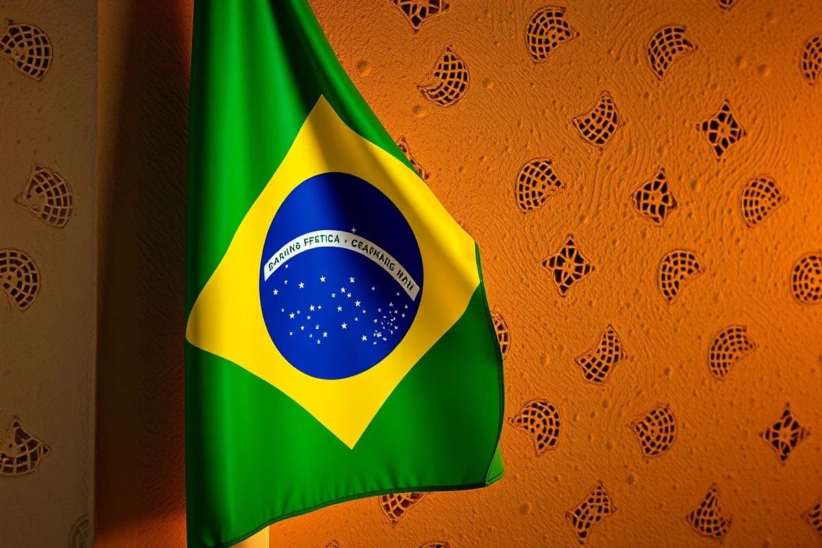 Bandeira do Brasil pendurada na parede com iluminação suave.