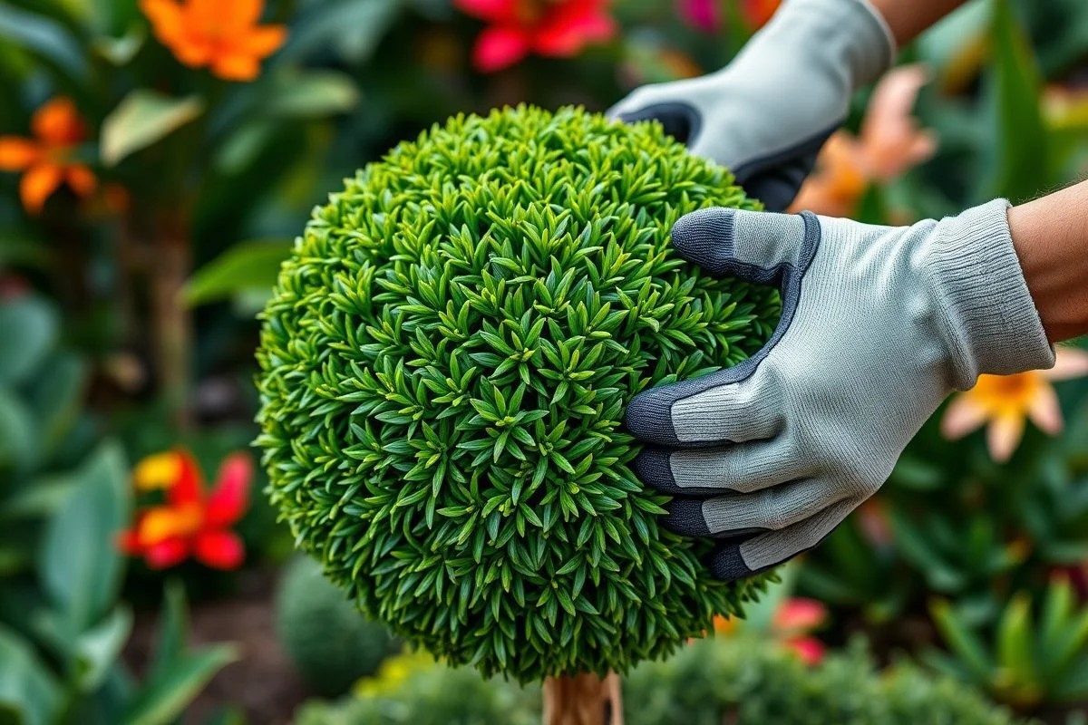 Jardineiro podando buxinho-comum (Buxus sempervirens) em formato esférico.