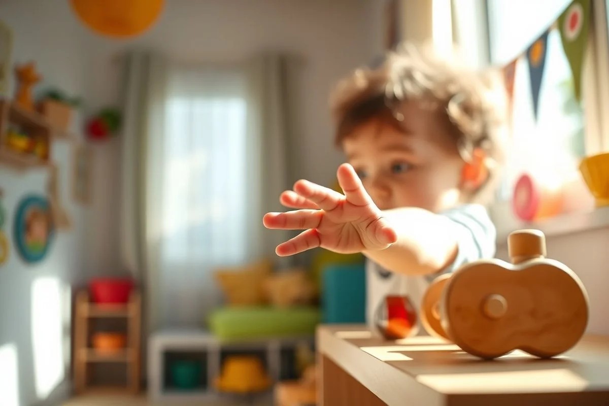 Criança brasileira alcançando brinquedo de madeira em prateleira baixa Montessori.