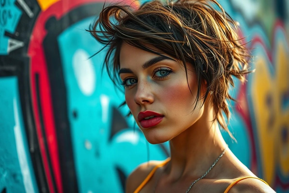 Mulher brasileira com shaggy hair em frente a mural de rua no Rio.