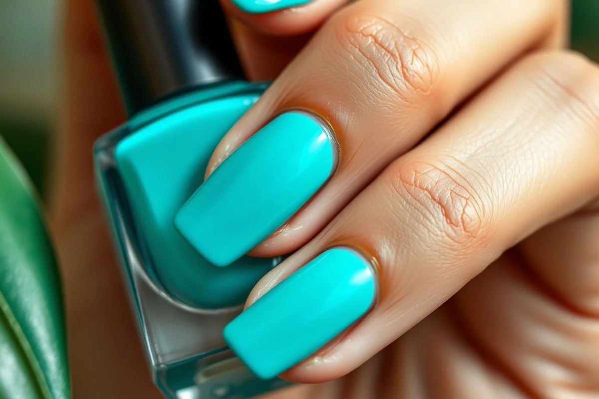 Esmalte azul turquesa vibrante em unhas de brasileira, close-up profissional.