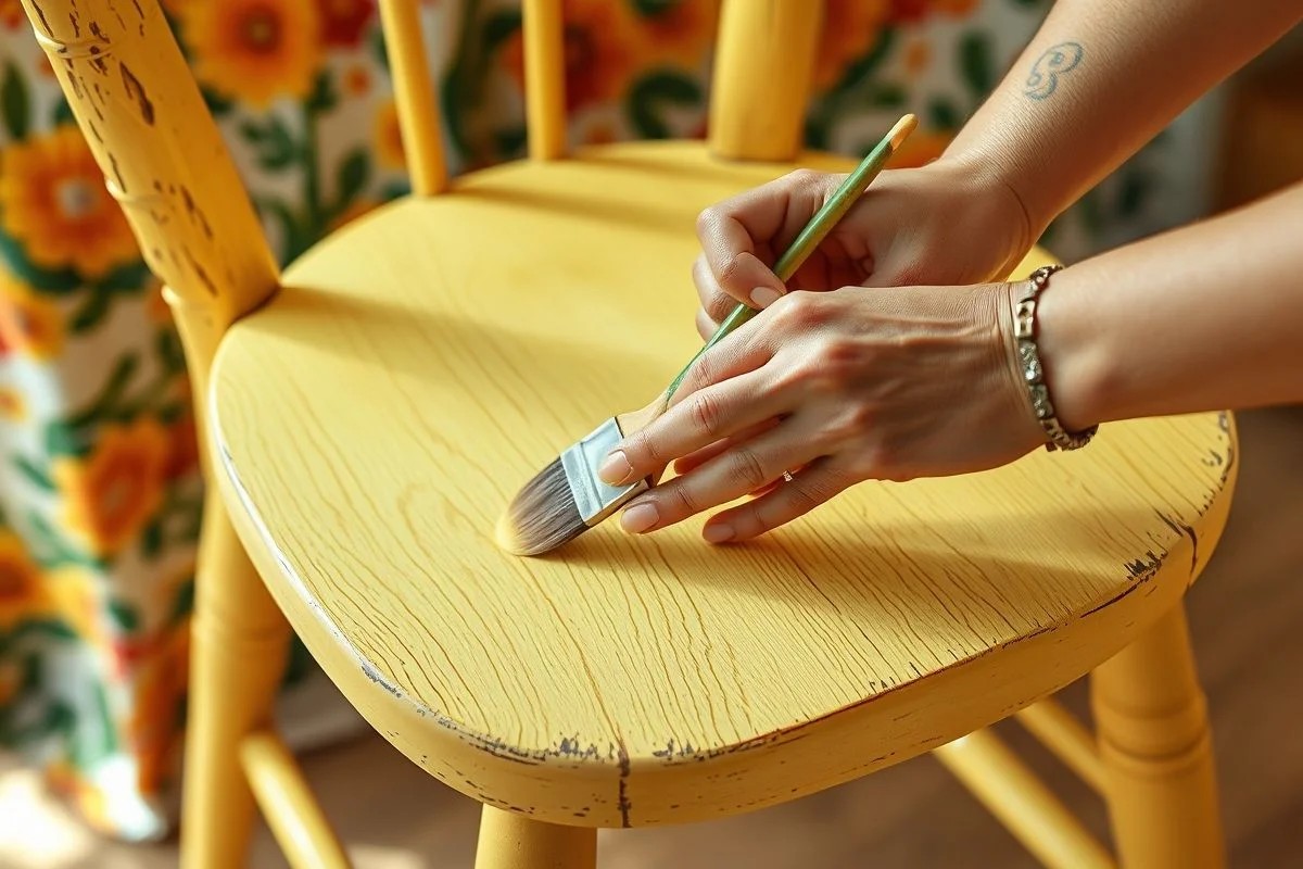 Mãos pintando cadeira de madeira amarela pastel para decoração de cozinha.
