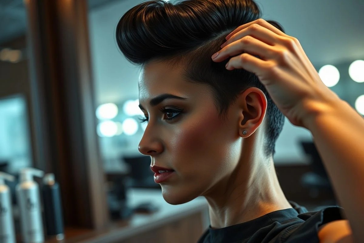 Mãos modelando topete moderno em cabelo curto escuro. Penteado versátil e elegante para cabelo curto.