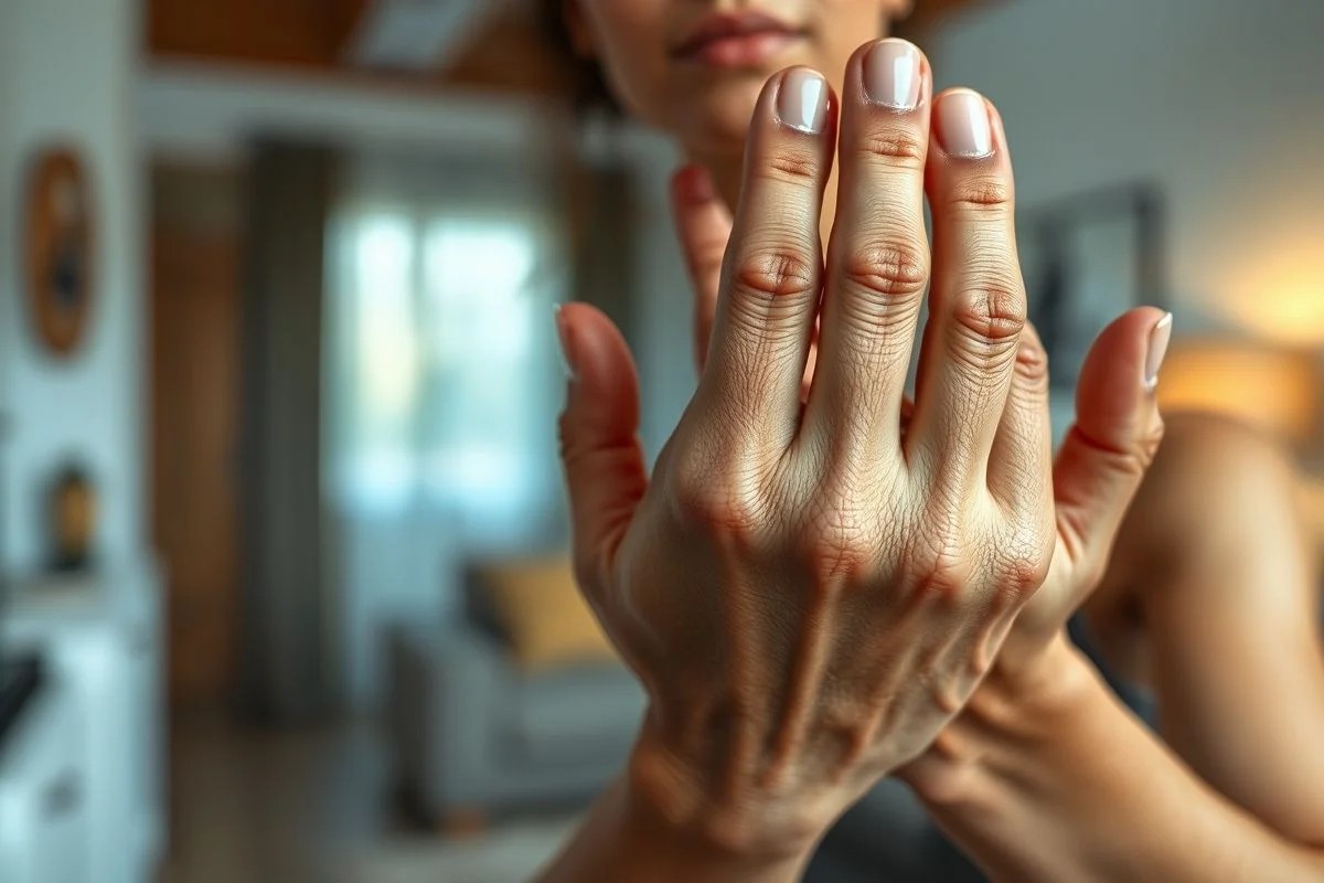Mãos ressecadas de mulher brasileira com rachaduras visíveis.