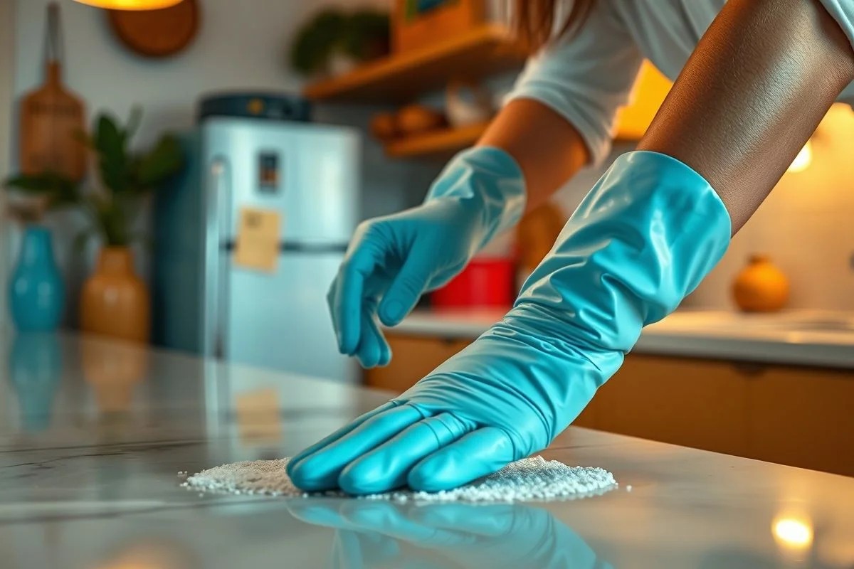 Mãos com luvas limpando balcão de cozinha com multiuso no Brasil.