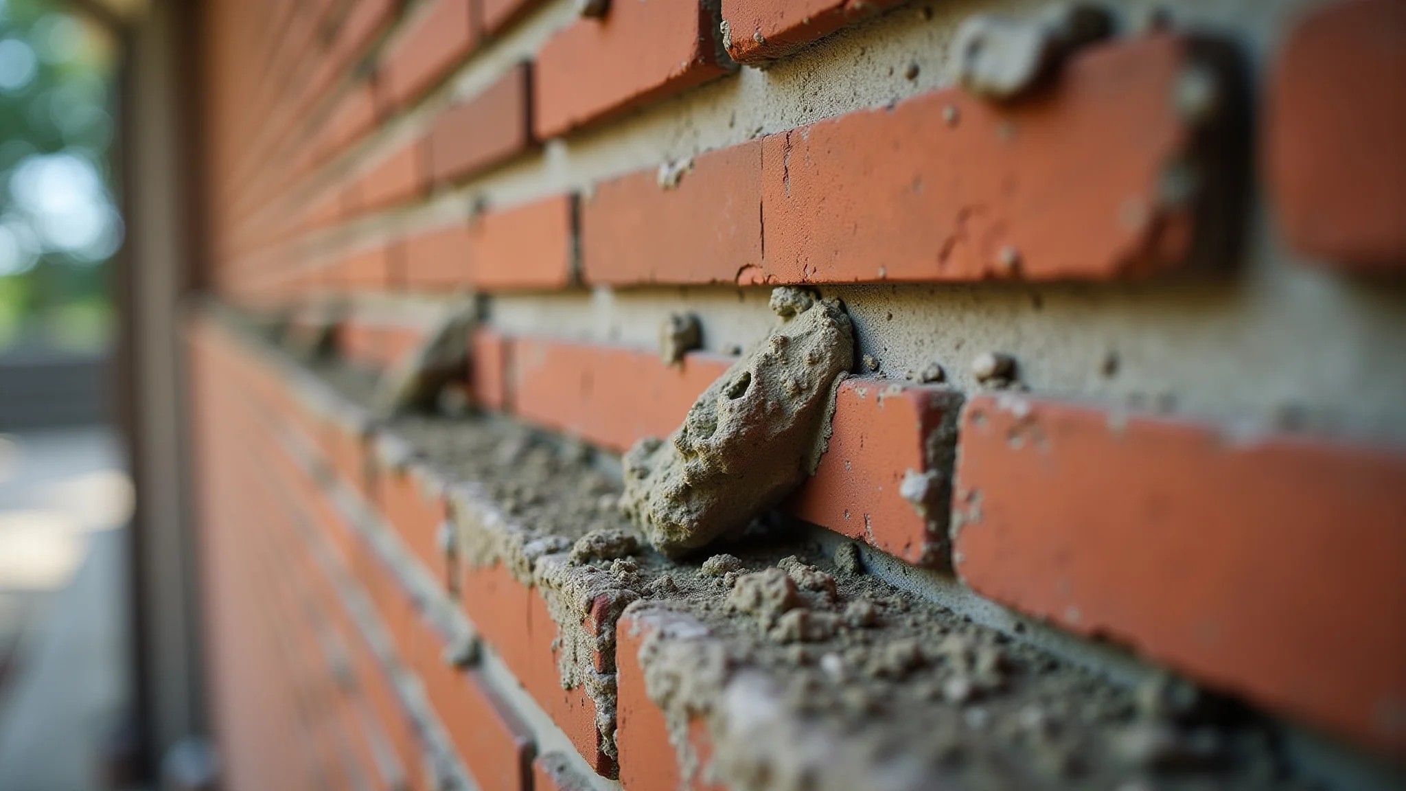 Detalhe da construção de uma parede de tijolinho, mostrando a aplicação da argamassa.