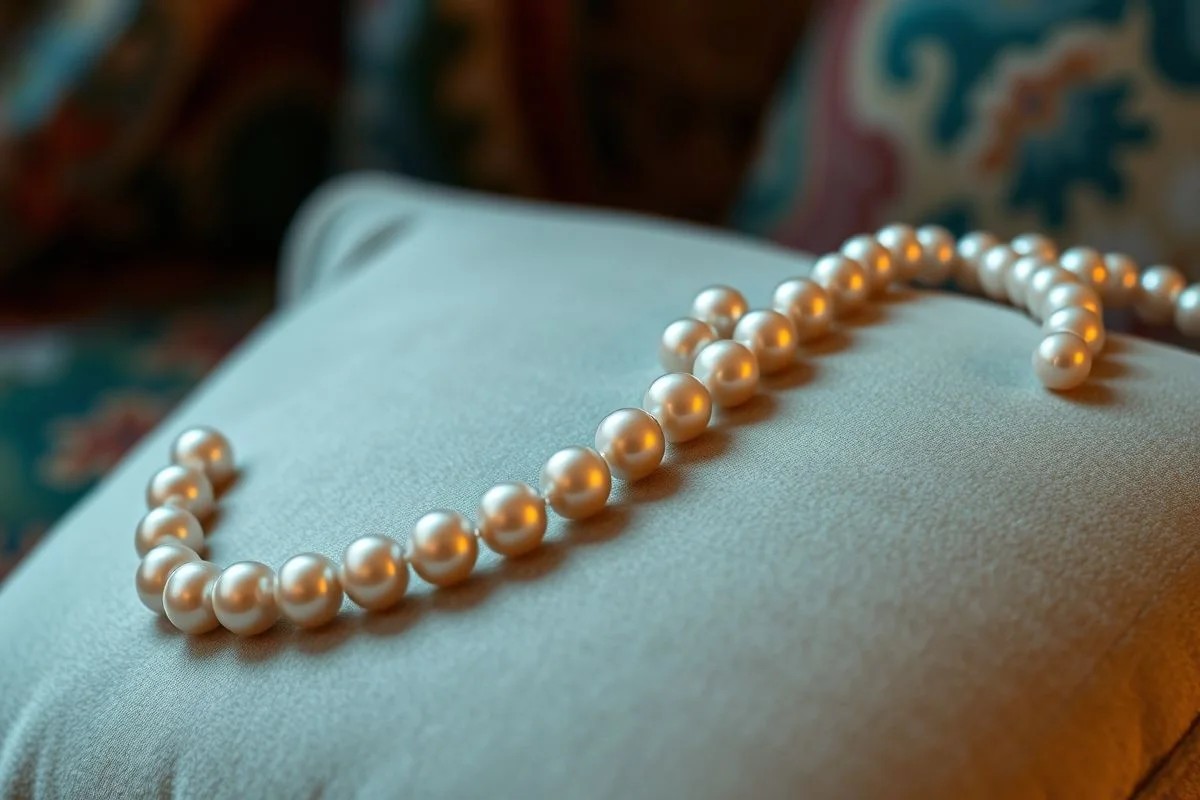 Colar de pérolas Mikimoto em fundo aveludado.