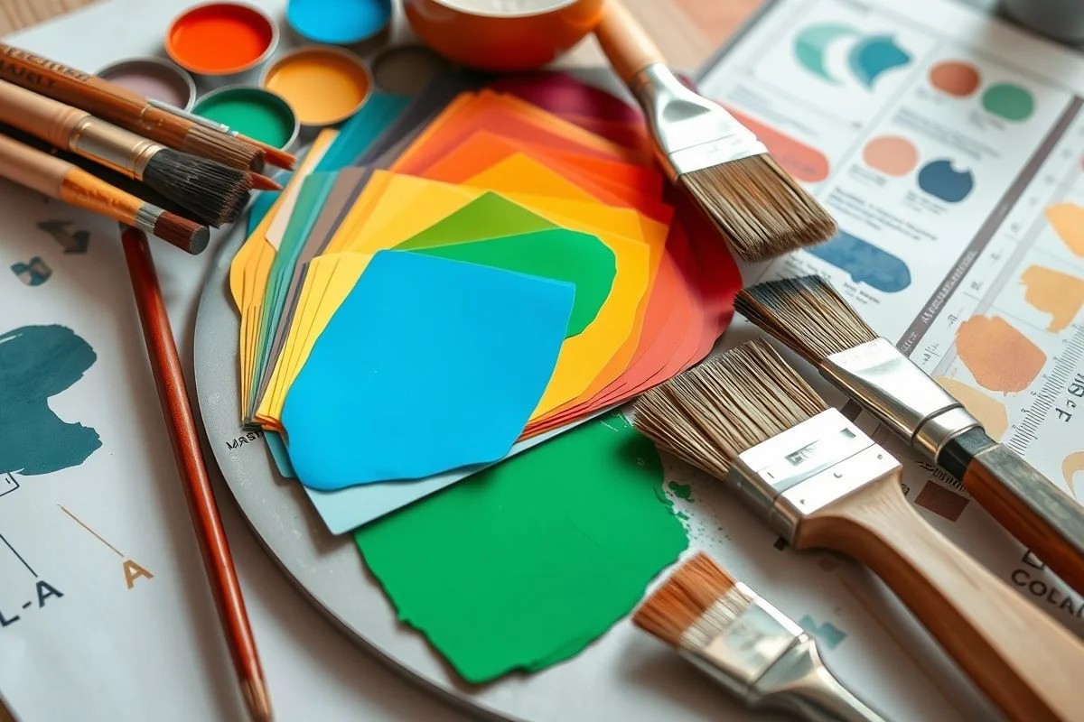 Paleta de cores vibrantes com amostras de tinta e mood board de design.