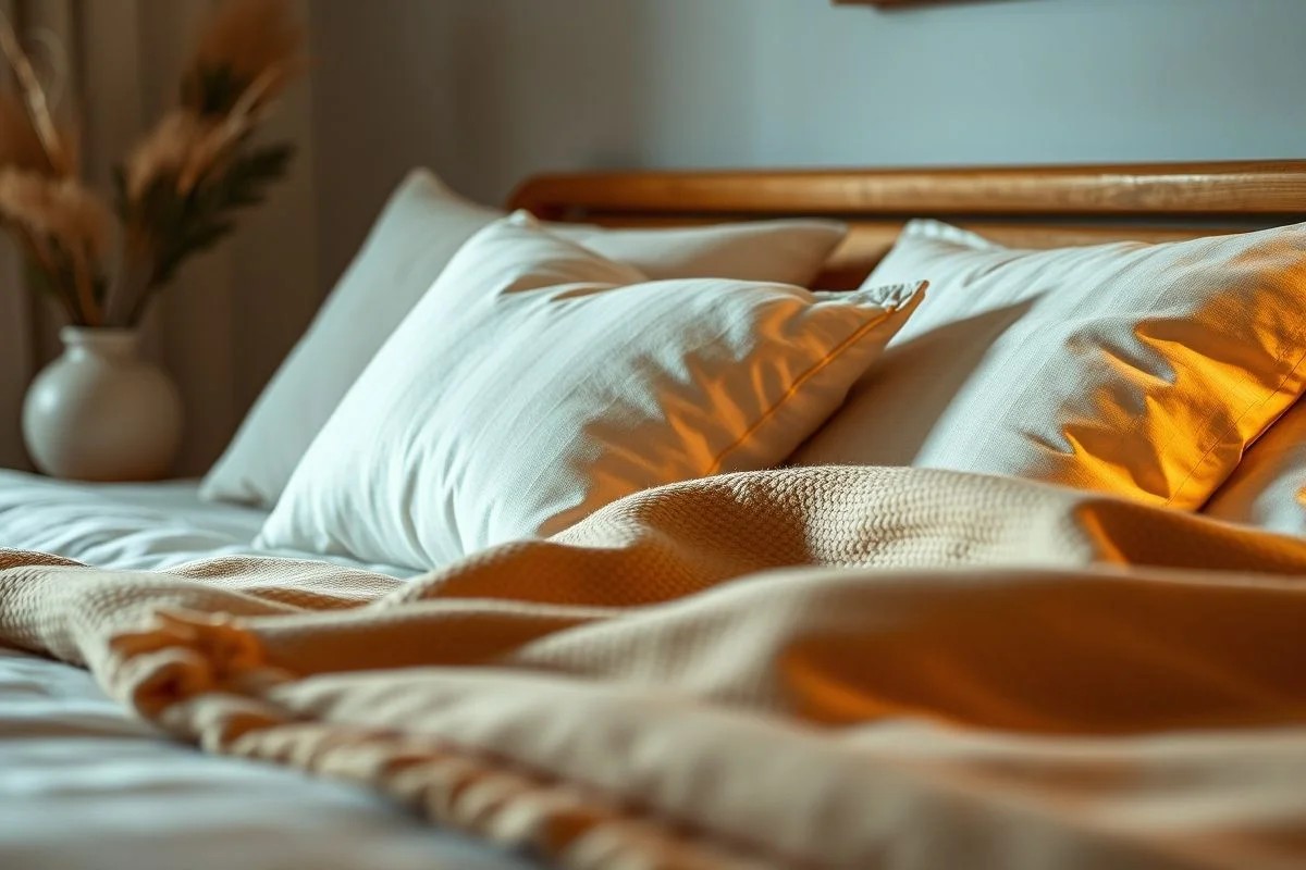 Cama aconchegante com travesseiros macios e iluminação suave no Brasil.
