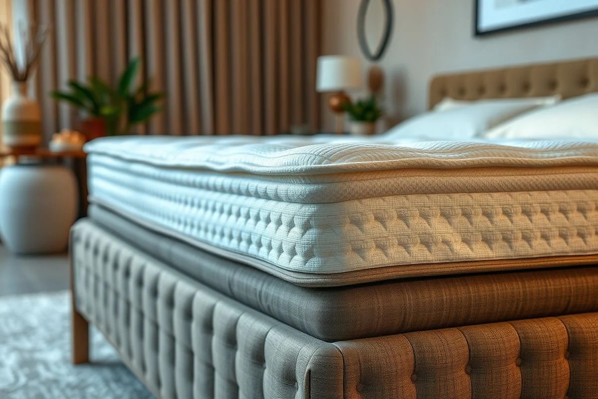 Detalhe de colchão confortável sobre cama box com foco na qualidade.