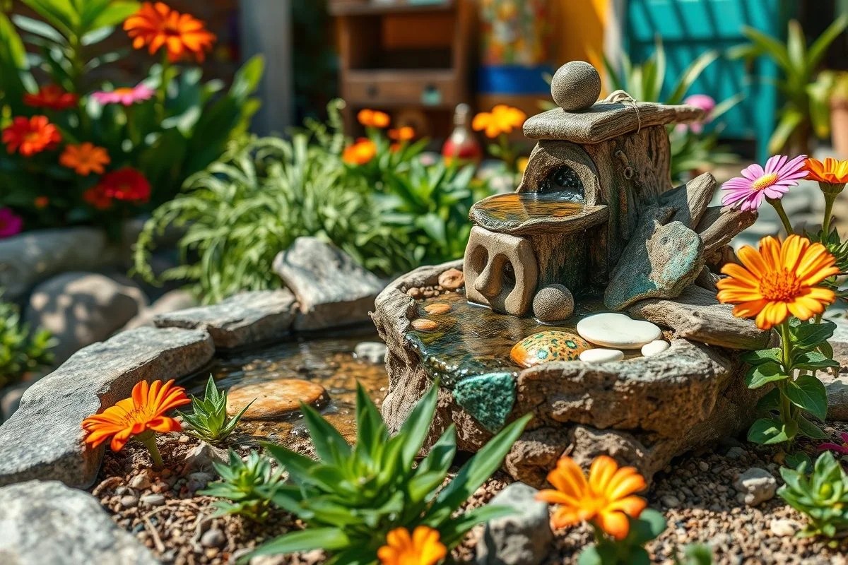 Fonte personalizada com materiais reciclados em quintal brasileiro, design criativo.