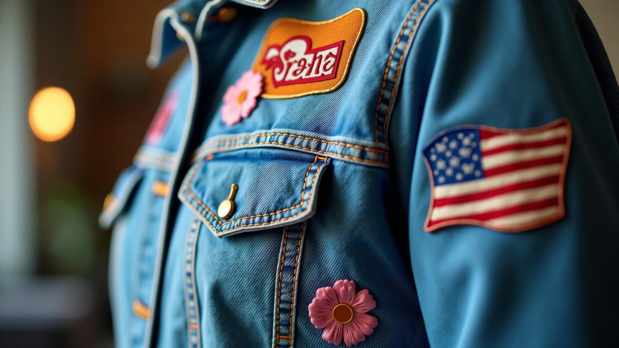 Detalhe da customização de jaqueta jeans com patches e bordados coloridos.