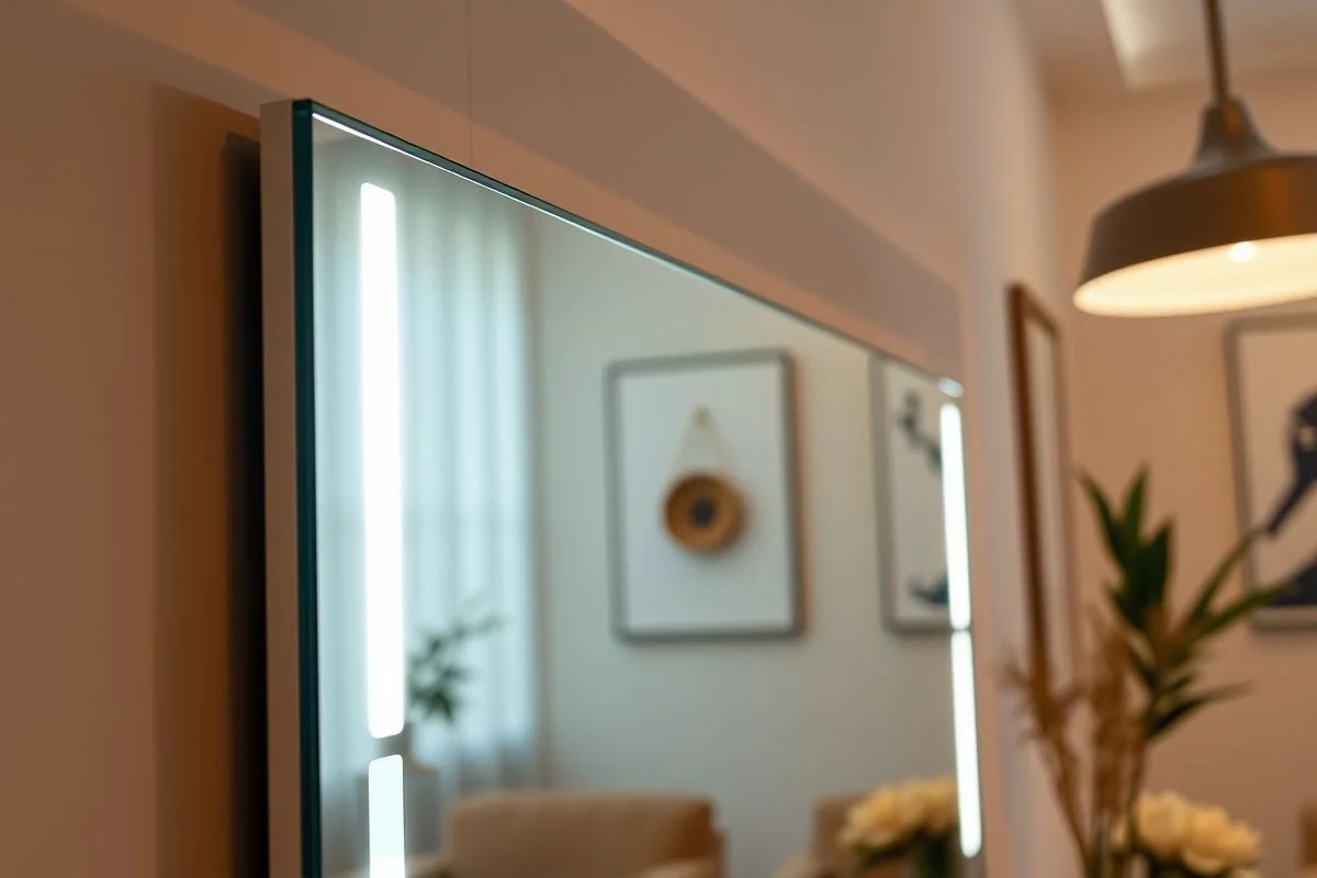 Detalhe de espelho com iluminação LED embutida para sala de jantar. Design moderno e funcional.