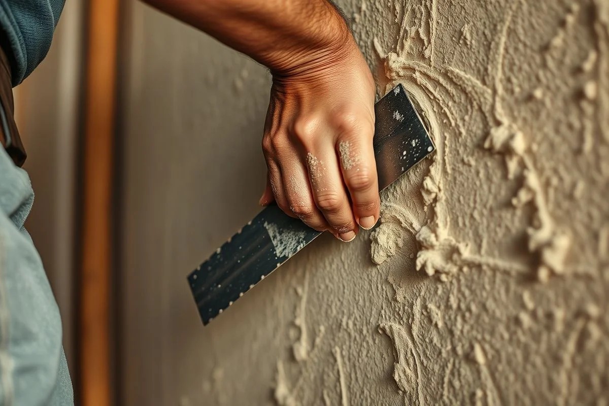 Artesão aplicando gesso com espátula em parede texturizada no Brasil