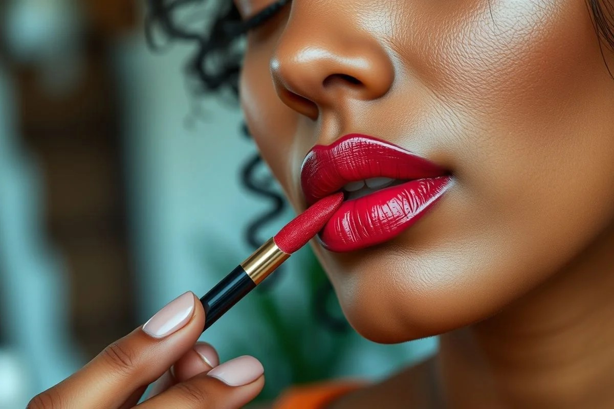 Mulher brasileira aplicando batom com pincel labial