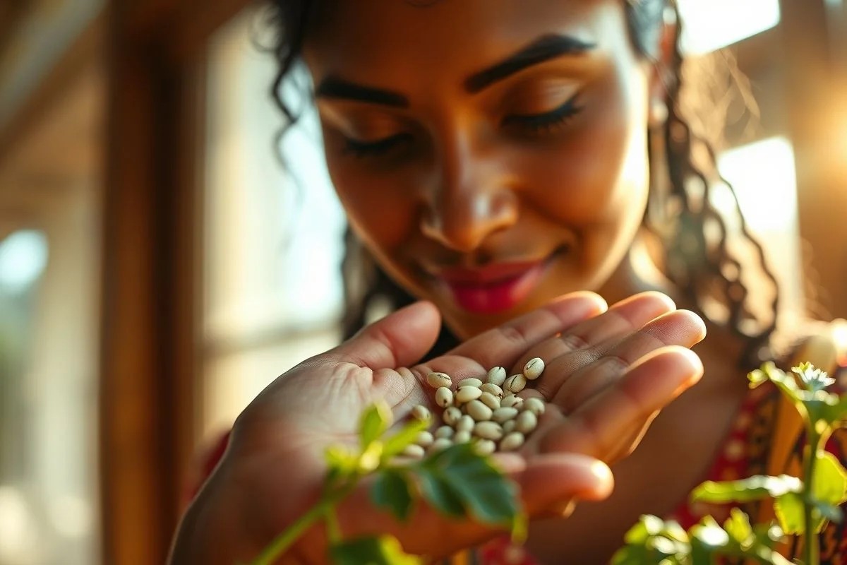 Mulher brasileira examinando sementes de tomate à luz do sol.